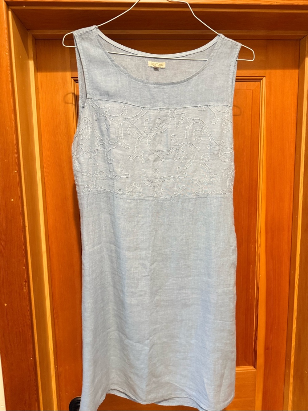 Italian Made Lina Tomei Light Blue Linen shift Embroidered Sleeveless Dress - L